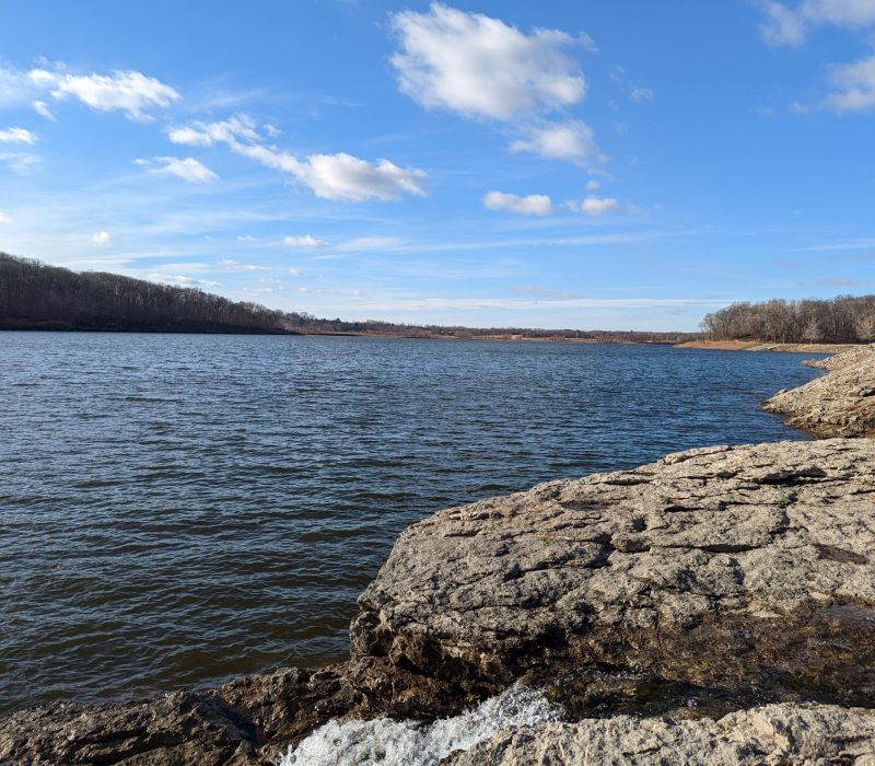 Looking out over the Coralville, Iowa reservoir in the winter you can see fossils and the Devonian rock layers reviled by recent floods in the area.